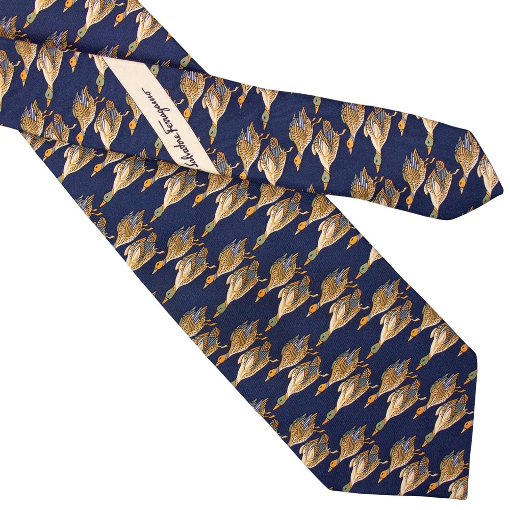 Salvatore‎ Ferragamo Silk Tie Navy Ducks Motif Allover Print Made in Italy